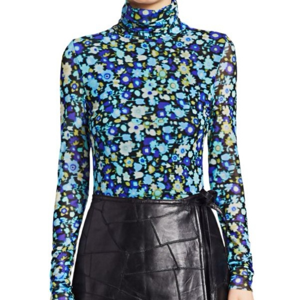 Ganni azure blue floral mesh printed turtleneck lightweight top size 36 small